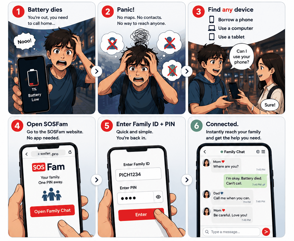 SOSFam story: battery dies, find any device, open SOSFam, enter Family ID and PIN, reconnect with family.